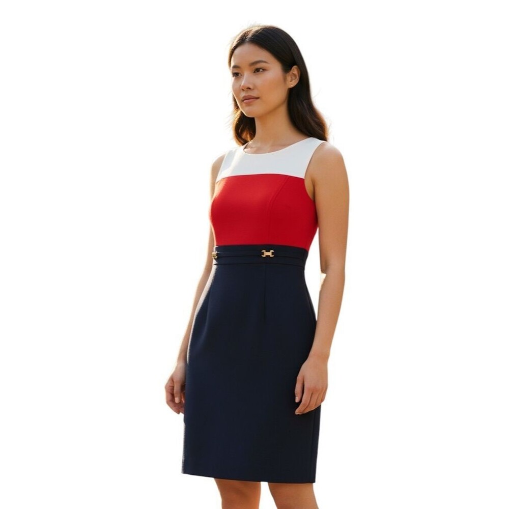 Tahari Dress Womens 12 Red Navy Colorblock Sheath Career Professional Chic